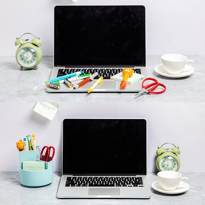 Desk Pencil Pen Holder, 3-Slot 360 Spinning Desk Organizer, Cute Pencil Cup Pot for Office, School, Art Supply - Blue