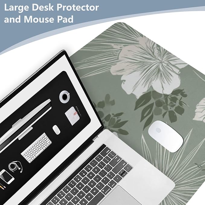Mouse Pad Desk Mat Leather Desk Pad Large Gaming Desk Cover Protector Mat for Keyboard Computer Laptop Office Waterproof 35.4 x 16.5 Inch Tropical Palm Leaves Birds Flowers