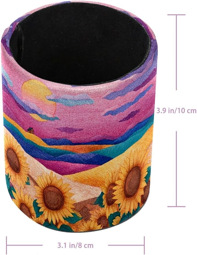 1 Pack Watercolor Art Sunflower Circular Pen & Pencil Holder - Durable PU Leather Pencil Cup, Desk Accessories Organizer for Office Desk School Home