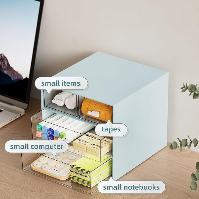 Marbrasse Desk Organizer with 4 Drawers，Office Organization, Clear Plastic Desk Organizers and Storage, Desktop Organizer for Office School Home (Blue-4 Drawers)