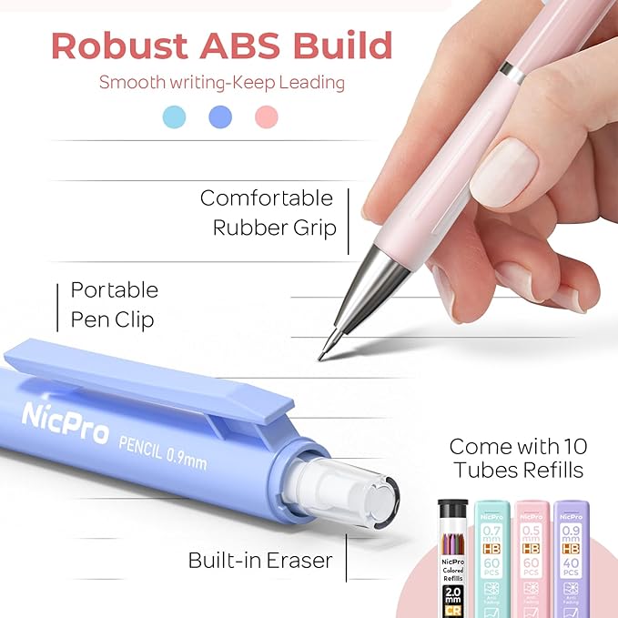 Nicpro 38PCS Aesthetic School Supplies, Pastel Mechanical Pencil Set 0.5, 0.7, 0.9 & 2.0 mm with 564PCS Lead Refills, Cute Mechanical Pencils for Girls Student Stationary Drawing Drafting - Pink Case