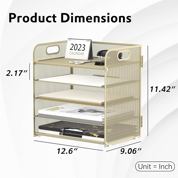 Supeasy 5 Trays Paper Organizer Letter Tray with Handle-Mesh Desk File Organizer,Pink Paper Sorter Desk Organizer for Office, Home or School (Gold Yellow)