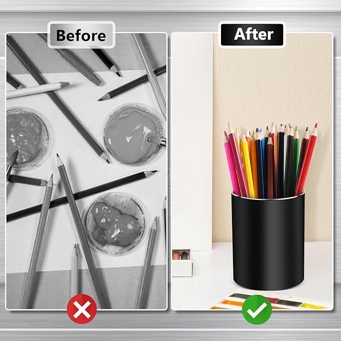 Metal Pen Holder for Desk Round Aluminum Desktop Organizer and Makeup Brush Holder Storage Box for Office, School, Home, and Kids, Non-slip silicone bottom3.9×3.14inch (Black)