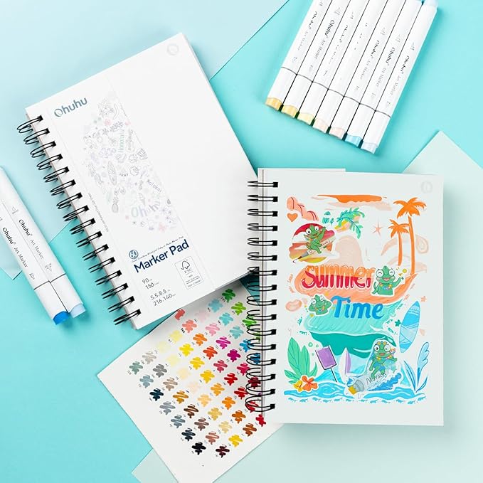 Ohuhu Double-Sided Marker Pads Art Sketchbook Bleedproof - 5.5"x8.5" Small Paper Size - 90 lb/150 gsm Smooth Drawing Paper - 60 Sheets/120 Pages, Spiral Bound Sketching Book for Alcohol Markers Paints