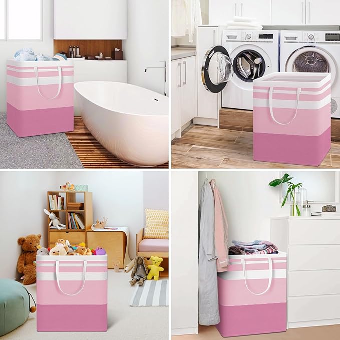 HomeHacks 2 Pack Large Laundry Baskets, Waterproof, Freestanding Laundry Hampers, Collapsible Clothes Hamper with Reinforced Handles in Laundry, College Dorm, Bathroom, Bedroom (Grey+Pink, 100Lx2)
