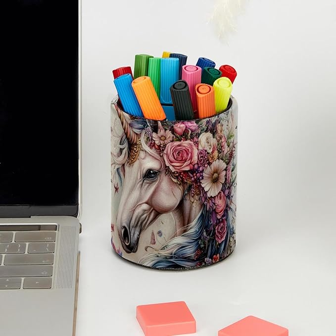 Pencil Cup Holder Desk Organizer, Pen Pot Pen Holder Container Desktop Stationery Organizer Table Flower Pot Makeup Brush Holder, Unicorn Flower Beautiful