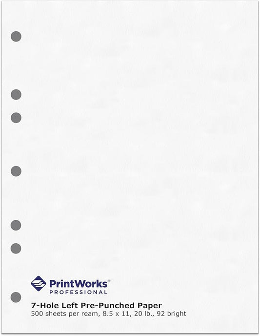 PrintWorks Professional Perforated and Punched Paper, 7-Hole Punched, 20 lb Bond Weight, 8.5 x 11, White, 500/Ream