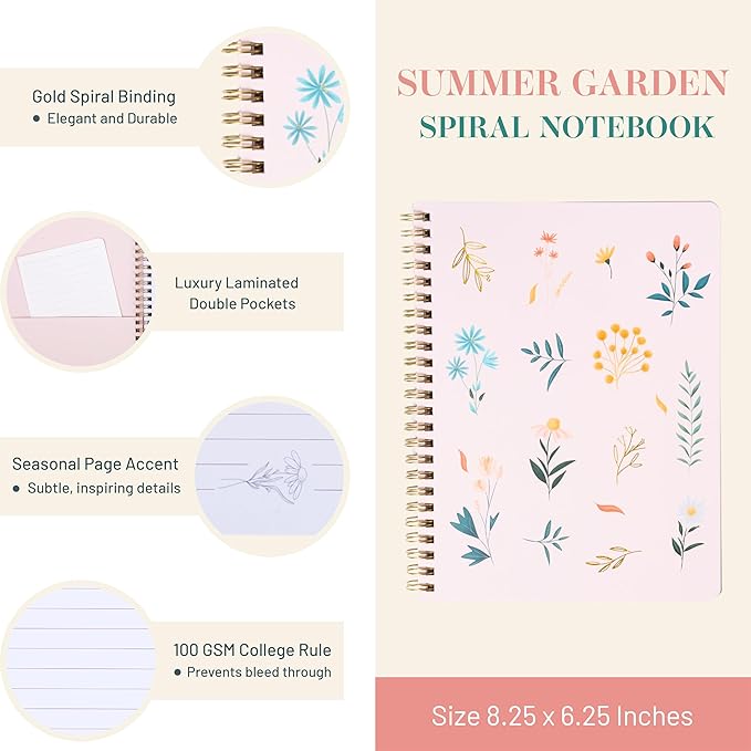 Happy Hoos® Aesthetic Spiral Notebook - 6.25" x 8.25" College Ruled Journal Notebook - Hard Cover Writing Journal for Work, School, Travel, More - Floral Notebook 8 Seasonal Designs(Summer Garden)