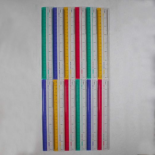 8 inch/20 cm Rulers. Pack of 12 of Premium Quality Plastic Transparent Rulers | Yellow, Green, Red, Blue