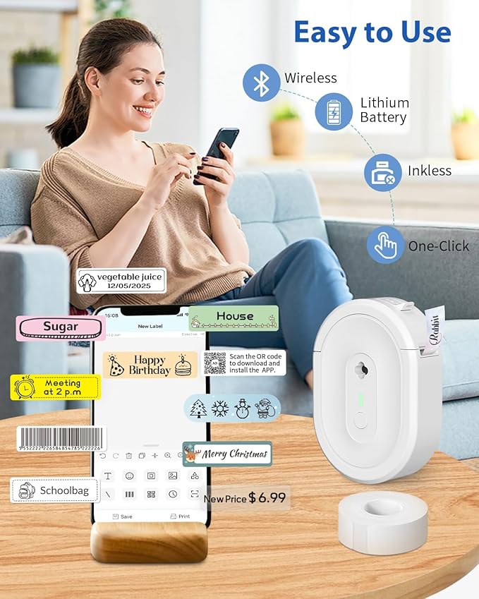 Label Maker Machine with Tape, N12 Portable Bluetooth Label Printer, Wireless Mini Label Makers Thermal Sticker with Multiple Templates for Home, Kitchen, School, Office Organization, White