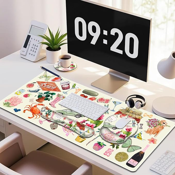 Mouse Pad, 4 in1 Large Desk Mat, Desk Pad Matt for Desktop, Anti-Slip XXL Big Computer Ergonomic Mousepad with Wrist Support for Keyboard and Mouse for Women I Watercolor Stickers