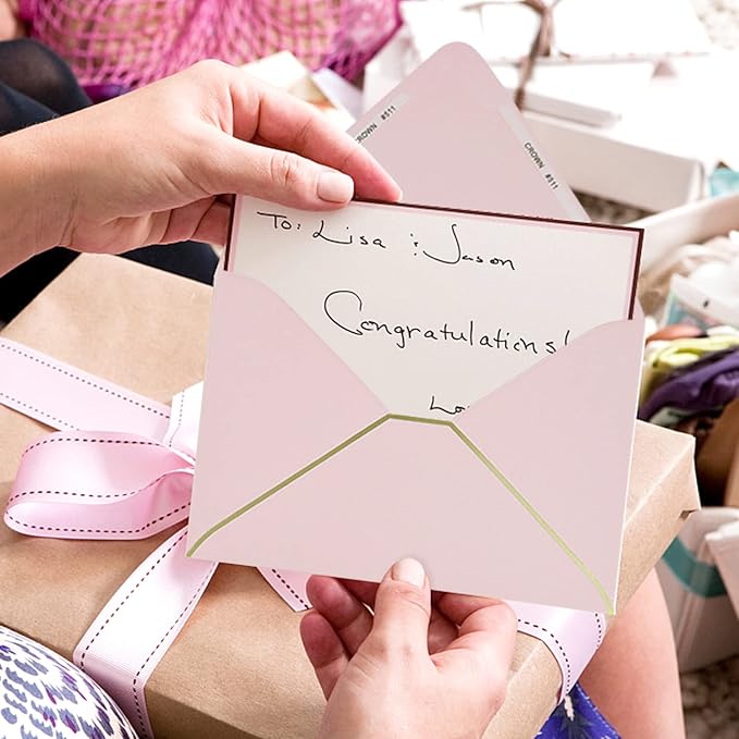 A7 Pink Envelopes 50 Pack 5 x 7 - V flap, Quick Self Seal, With Gold Border, For 5x7 Cards| Perfect for Weddings, Invitations, Photos, Graduation, Baby Shower|Thick Luxury Paper (Pink-golden border)