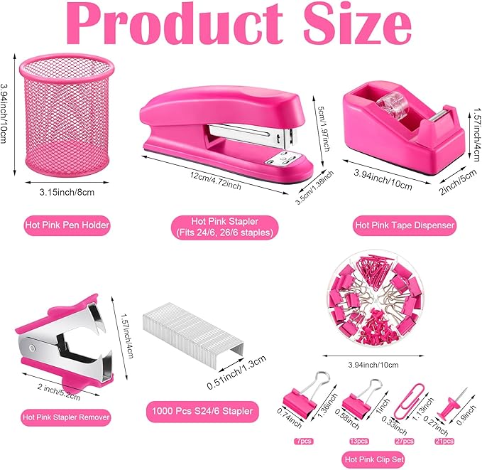 14 in 1 Hot Pink Office Supplies, Hot Pink Desk Accessories for Women with Stapler,Tape Dispenser,1000 Staples,Pen Holder,Staple Remover,Clips,Ruler,Scissors, Sticky Note,Tape,Ballpoint Pen