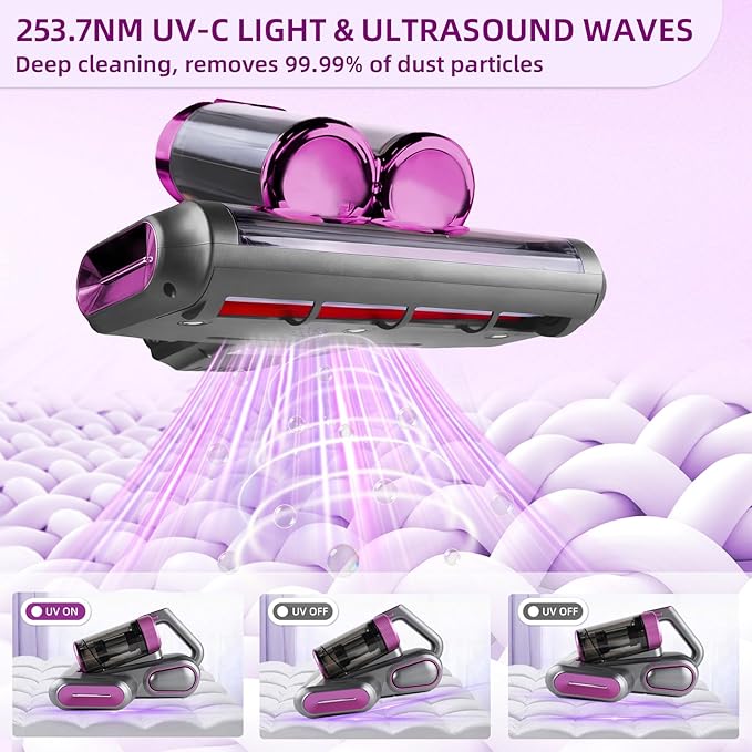 BESTING Mattress Vacuum Cordless with 16Kpa Suction & HEPA Dust Cups, 253.7nm UV-C Light & Ultrasonic, Low Noise Widened Suction Port Handheld Vacuum for Bed Pillows Couch Car Seat Rugs, Gray Purple