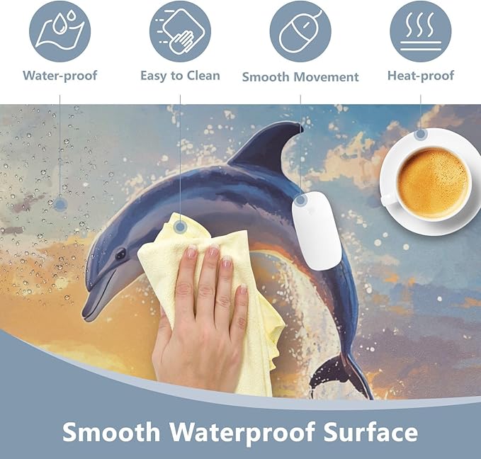 Mouse Pad Desk Mat Leather Desk Pad Large Gaming Desk Cover Protector Mat for Keyboard Computer Laptop Office Waterproof 35.4 x 16.5 Inch Dolphin Jumping Sunset Blue