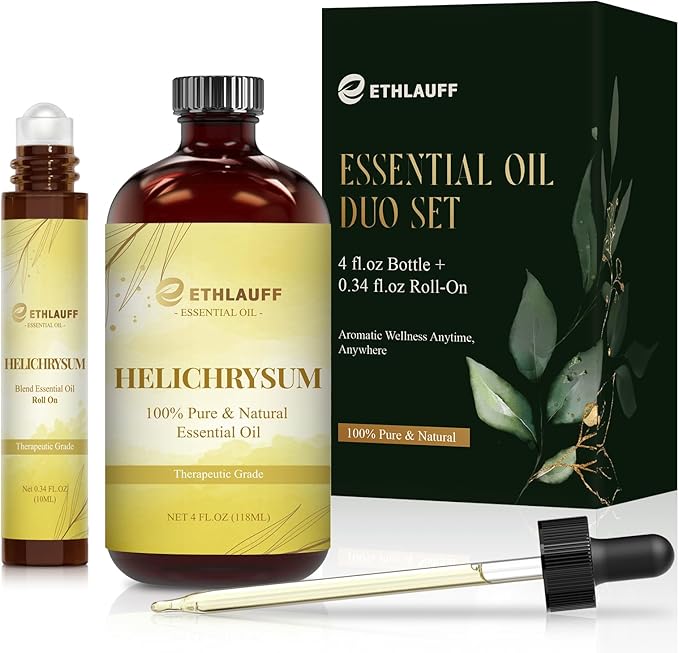 Helichrysum Essential Oil (4 fl.oz Bottle + 0.34 fl.oz Roll-On) — Helichrysum Oils for Aromatherapy, Diffusers, Humidifiers, Home fragrances, DIY Skincare, Candle, Soap Making, Relaxation, Yoga