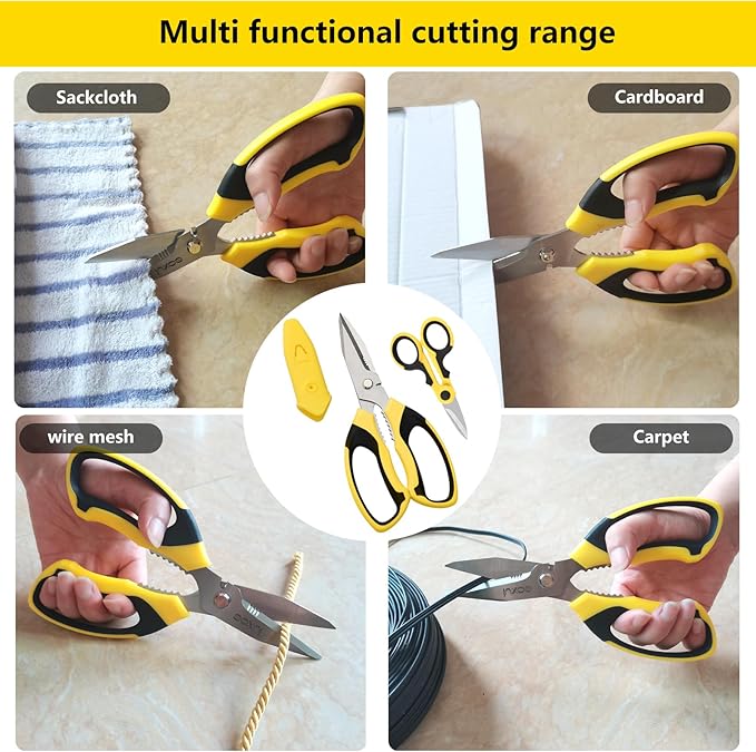 8-Inch Heavy Duty Scissors – Ultra Sharp Stainless Steel Shears with Serrated Edge & Protective Cover, Ideal for Cardboard, Wire, Fabric & More (Yellow)