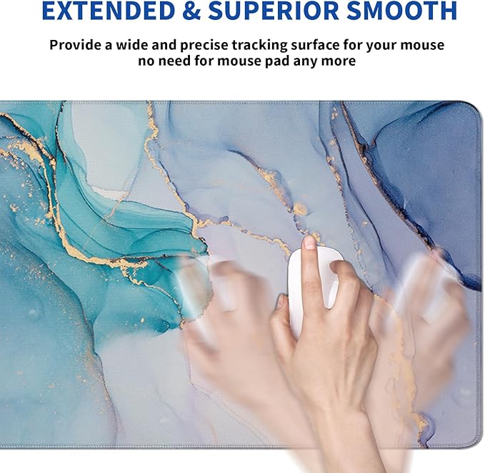 Teal Marble Mouse Pad Abstract Marble Mouse Pad 31.5x11.8 Inch Texture Non-Slip Rubber Base Large Mousepad Stitched Edges Keyboard Mouse Mat Desk Pad for Office and Home