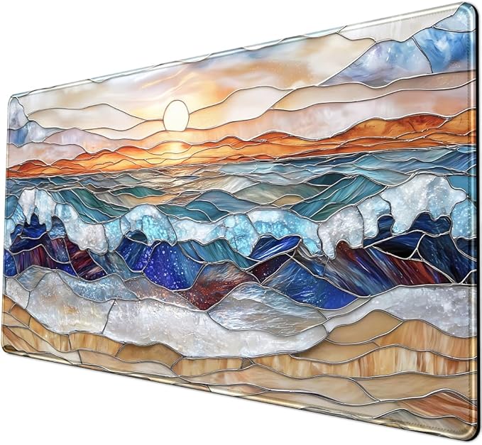 Mountain Sunrise Gaming Mouse Pad Large Desk Mat Extended Mouse and Keyboard Pad, Faux Stained Glass Nature Mousepad with Stitched Edge Mouse Desk Pad Computer Mat Soft Aesthetic Decor 31.5 X 15.7 in
