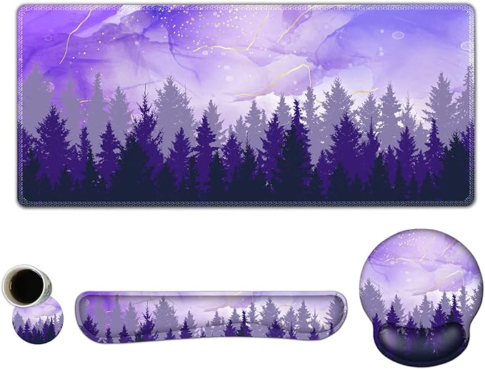 ARTSO Large Mouse Pad Ergonomic Keyboard Wrist Rest Support Combo, Memory Foam Gel Desk Mat Protector, Non-Slip Desk Blotter for Office, Home, Purple Forest