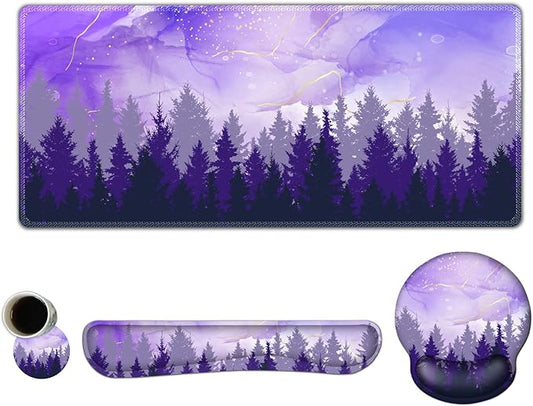 ARTSO Large Mouse Pad Ergonomic Keyboard Wrist Rest Support Combo, Memory Foam Gel Desk Mat Protector, Non-Slip Desk Blotter for Office, Home, Purple Forest