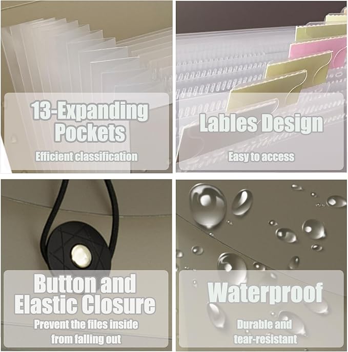 Small Accordion File Organizer - 13 Pocket Expanding Folder for Receipts, Bills, and Envelopes - Money Saving Binder (Black)