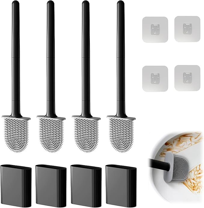Toilet Bowl Brush and Holder Set, Flexible Silicone Bristles with Detachable Handle, Compact RV and Bathroom Toilet Brush (4 Black)