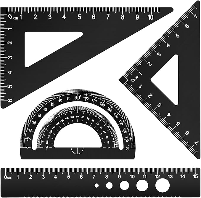 Honagu Triangular Ruler Set, 4 Pieces Aluminum Alloy Ruler, Metal Drafting Ruler, Geometric Protractor for Students, Draftsmen, Engineers, School Office Supplies (Black)