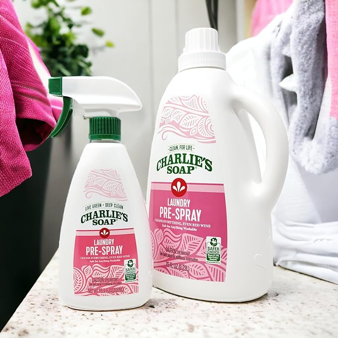 Charlie’s Soap Laundry Pre-Spray Stain Remover Refill Kit (91.9 fl oz), Natural Laundry Pretreat and Stain Remover (2 Pack - One 16.9oz Sprayer and One 75oz Refill)