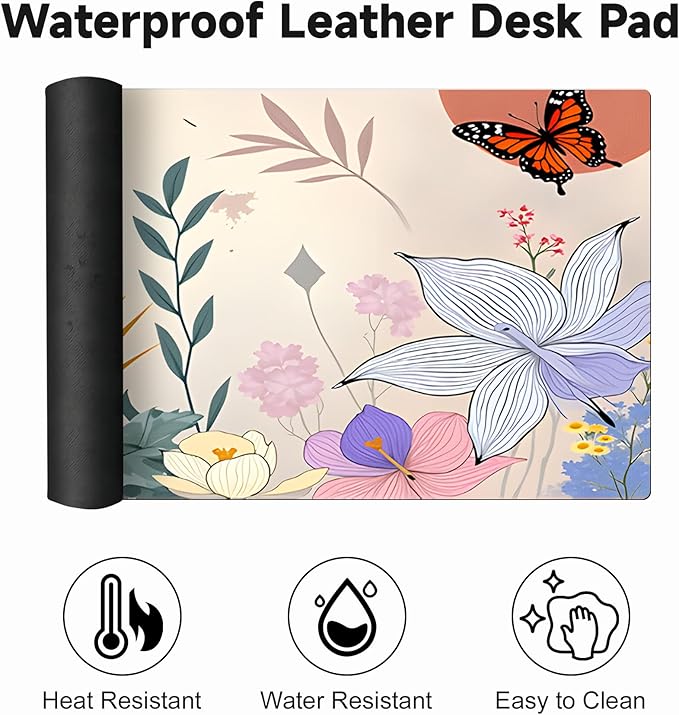 Large Gaming Mouse Pad (31.5"x11.8") - XXL PU Leather Waterproof Desk Mat with Non-Slip Rubber Base for Keyboard, PC & Office (Flower-Butterfly)