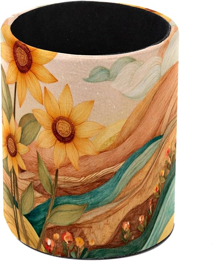 Watercolor Art Sunflower PVC Leather Circular Pencil Holder for Desk Organizer Stationery Holder for Office, School(3.9 x 3.1 Inches)