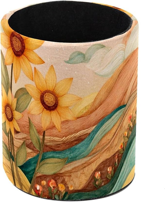 Watercolor Art Sunflower PVC Leather Circular Pencil Holder for Desk Organizer Stationery Holder for Office, School(3.9 x 3.1 Inches)