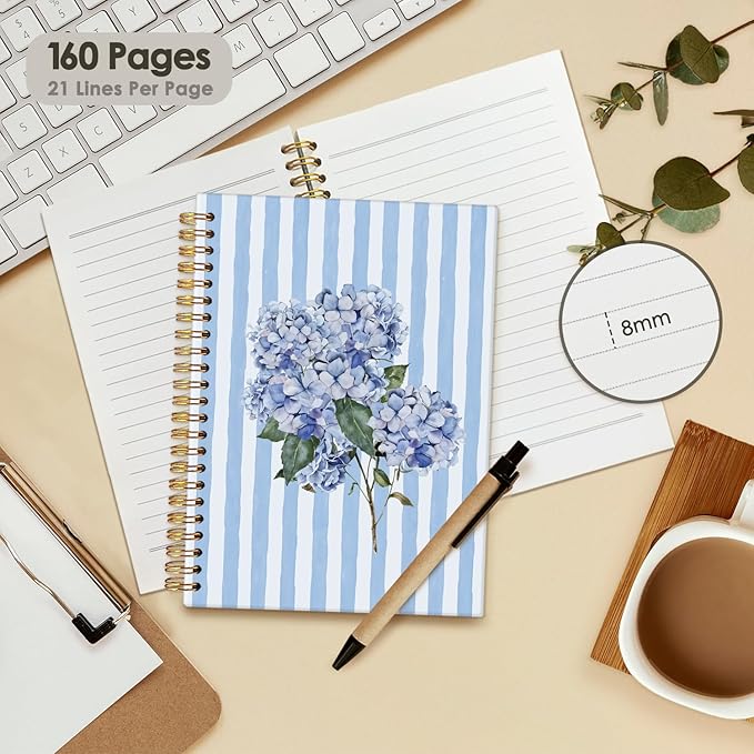 Wheatwin Blue Hydrangea Notebook Journal, Floral Hydrangea Gift for Women Girls, Blue Floral Notebooks Office Supplies Hardcover Spiral Notebook, 5.5x8.3 Inch