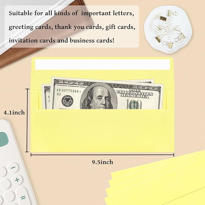 50 Pack #10 Business Envelopes, Light Yellow Standard Envelopes Self Seal, Letter Size Mailing Envelopes for Checks Letters Invoices Christmas Birthday Graduation Wedding, 4 1/8 x 9 1/2 Inch