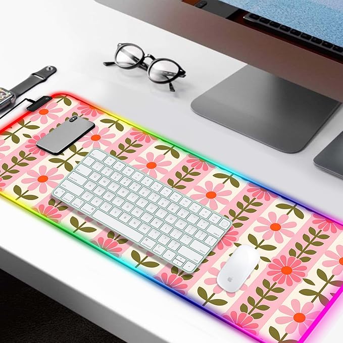 RGB Pretty Pink Flowers Gaming Desk Mat, Computer Keyboard Large Extended Long Floral LED Mouse Pad for Office and Home, XL (W11)