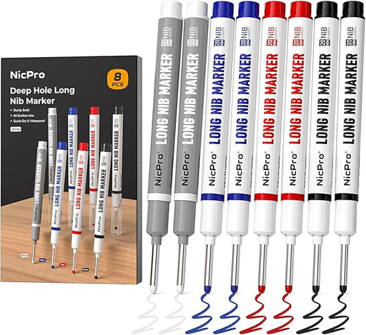 Nicpro 8 PCS Long Nib Marker Pens, 20mm Deep Hole Marker, Quick Dry & Waterproof Construction Markers, Long Head Markers for Metal, Steel, Tile, Glass, Carpenter Marking Pen for Woodworking (4 Colors)