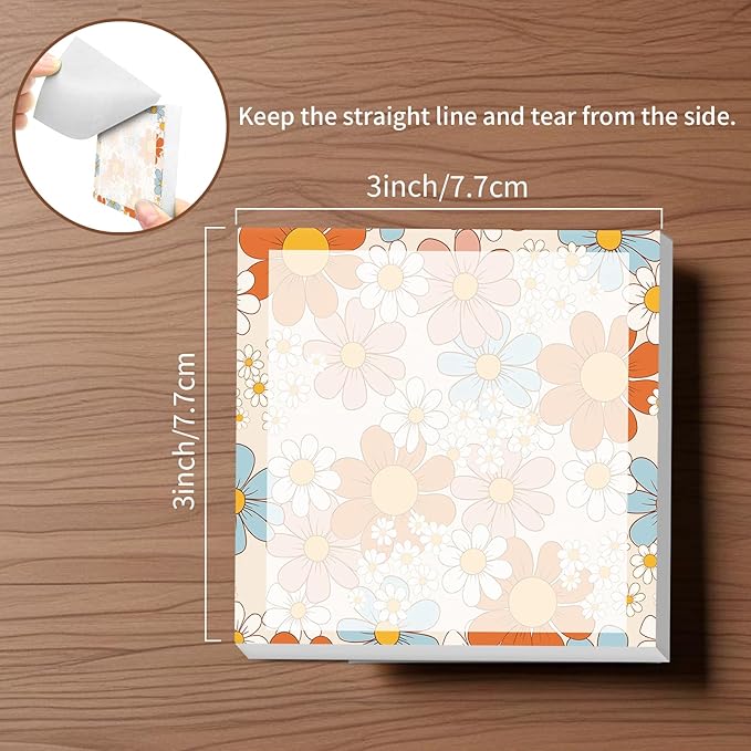 Sticky Notes, 2 Pads, 3x3 inches, Cute Colorful Fun Self-Stick Note Pads, Easy Post, Strong Adhesive Notepad Retro Flower Art