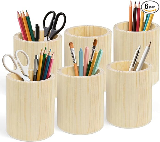 6 Pack Wood Pen Holder Unfinished Wooden Pencil Holder Pine Wood Pen Holder Stand for Desk Office Supplies Makeup Brushes Organizer (Round)