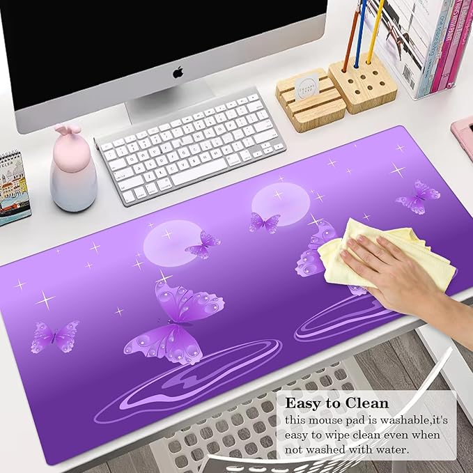 Star Moon Butterfly Desk Pad Protector, Stitched Edges Mouse Pad, Large Office Desk Mat, Non-Slip Desk Blotter, Laptop Desk Pad, Desk Writing Pad for Office and Home (31.5" x 15.7 ")