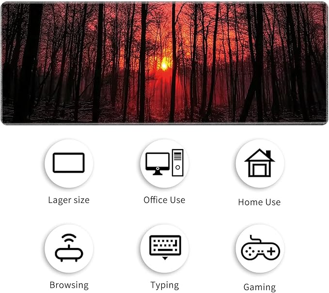 Desk Mat Large Gaming Mouse Pad (31.5x11.8 inch) with Stitched Edges, XL Mouse Pad +Coaster, Extended Mouse Mat Keybroad Mousepad Non-Slip Rubber for Gamer Men Women, Sunset Nature Forest