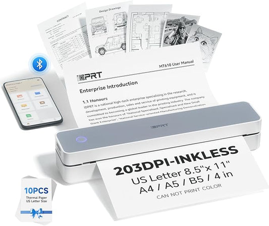 iDPRT Portable Printer Wireless for Travel - Bluetooth Mobile Printer Support for 8.5"x11" US Letter, Inkless Compatible with iOS, Android, Laptop for Office, Car and Home (pro, White)