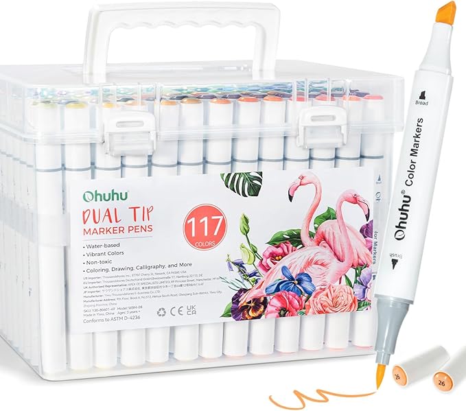 Ohuhu Markers for Adult Coloring Books No Bleeding 116 Colors Water-based Dual Tips Brush & Chisel Coloring Markers for Kids Adults Beginners Drawing Pens for Journaling Lettering