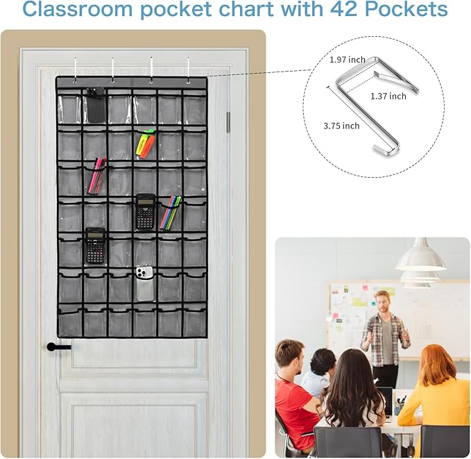 42 Pocket Classroom Pocket Chart for Cell Phones and Calculator,Clear Cellphone Pocket Chart for Classroom with Number Sticker and Hooks (Grey-42 Pockets)