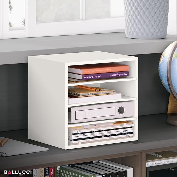 Ballucci 4-Tier Paper Organizer for Desk, Stackable Organizer Tray, Desk Storage Shelves, Stacking Letter Paper Tray Sorter for Classroom, Office, White