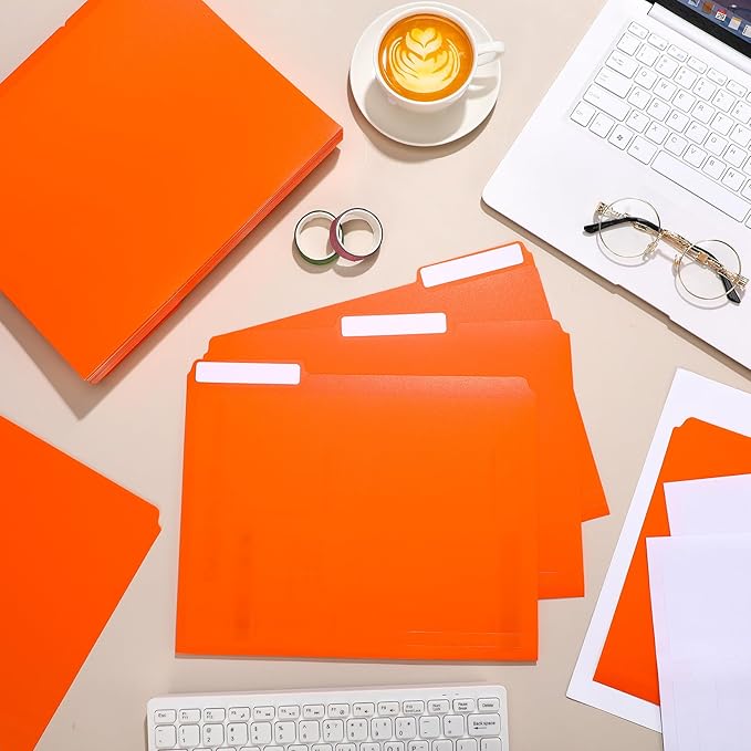 48 Pack Colored Plastic File Folders with Tabs and Sticky Labels Sturdy 1/3 Cut Tab Manila File Folders Letter Size 8. 5 x 11 Inch for Office Home Supplies Organizer Documents(Orange)