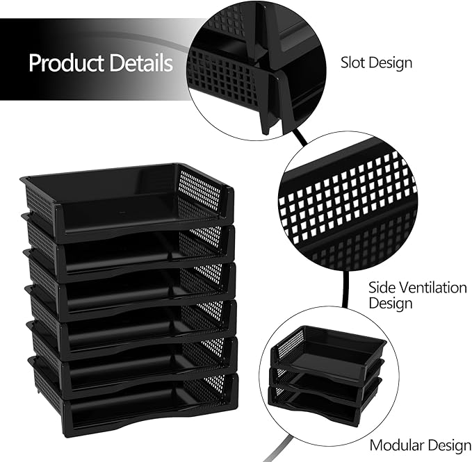 Xyskin 6 Tier Black Plastic Stackable Organizer Trays, Desktop Letter Tray for Office, Home, School