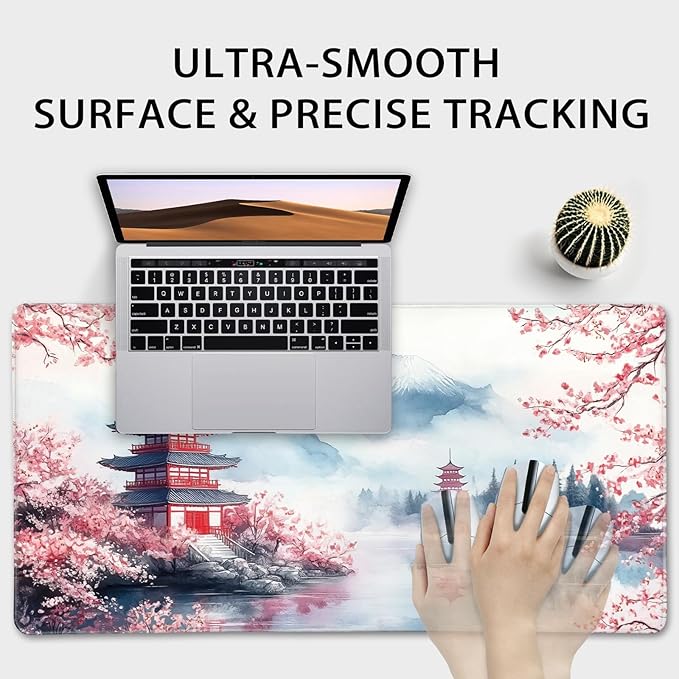 Japanese Cherry Blossom Large Gaming Mouse Pad 31.5"x15.7"｜ Mount Fuji Art XXL Desk Mat, Non-Slip Rubber Base & Stitched Edges - Extended Waterproo Mousepad for PC/Laptop/Office/Home Decor