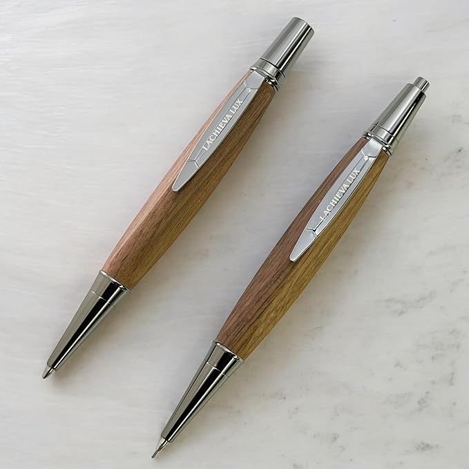 LACHIEVA LUX Walnut Wood Ballpoint Pen and Mechanical Pencil Set – Triangle Grip, Luxury Gift for Men and Women, Includes Refills and Gift Box