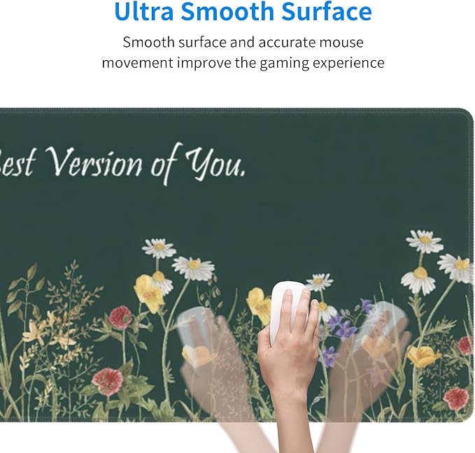 Floral Inspirational Quote Large Mouse Pad, Flowers Gaming Desk Mat, XL Keyboard Desk Pad Mat for Desktop, 31.5"x11.8" Non-Slip Base Big Mousepad with Stitched Edges