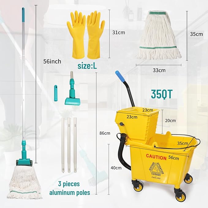 Wajeehaa Side Press Wringer Combo Commercial Mop Bucket on Wheels, 35 Quart,Yellow, Including Commercial Mop and Rubber Gloves